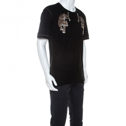 Pre Owned تي شيرت دولتشي أند غابانا مطرز نقشة الفهد خليط حرير أسود S