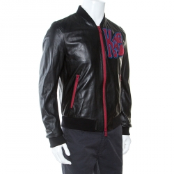 Pre Owned Dolce and Gabbana Black Leather Patch Detail Bomber Jacket L
