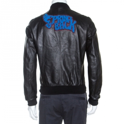 Pre Owned Dolce and Gabbana Black Leather Patch Detail Bomber Jacket L