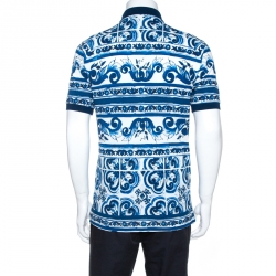 Pre Owned Dolce & Gabbana Blue Majolica Print Cotton Polo T-Shirt M