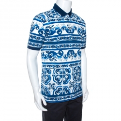 Pre Owned Dolce & Gabbana Blue Majolica Print Cotton Polo T-Shirt M