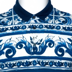 Pre Owned Dolce & Gabbana Blue Majolica Print Cotton Polo T-Shirt M