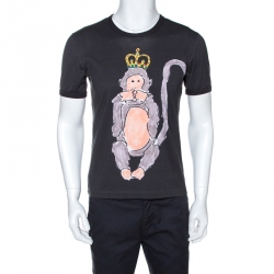Pre Owned Dolce & Gabbana Dark Grey Wise Monkey Print Cotton T-Shirt M