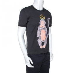 Pre Owned Dolce & Gabbana Dark Grey Wise Monkey Print Cotton T-Shirt M