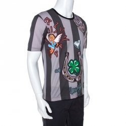 Pre Owned Dolce & Gabbana Grey Striped Print Cotton Crew Neck T-Shirt M