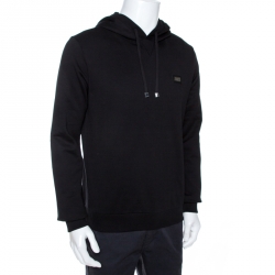 مملوكة مسبقًا Dolce & Gabbana Black Cotton Logo Plaque Detail Hoodie L