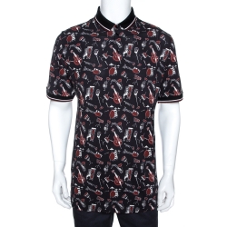 مملوكة مسبقًا Dolce & Gabbana Black Jazz Club Print Cotton Polo T-Shirt XXL