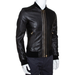 Pre Owned Dolce & Gabbana Black Leather Zip Front Bomber Jacket S