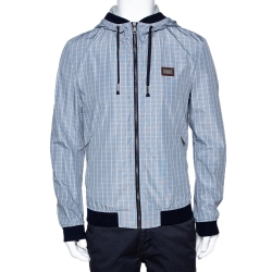 Pre Owned Dolce & Gabbana Pale Blue Checked Zip Front Hooded Jacket L