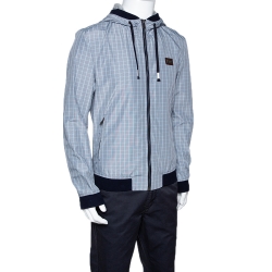 Pre Owned Dolce & Gabbana Pale Blue Checked Zip Front Hooded Jacket L