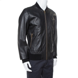 Pre Owned Dolce & Gabbana Black Leather Bomber Jacket XL