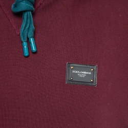 Pre Owned Dolce & Gabbana Burgundy Logo Applique Cotton Short Sleeve Hoodie M