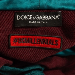 Pre Owned Dolce & Gabbana Burgundy Logo Applique Cotton Short Sleeve Hoodie M