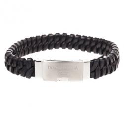 Dolce & Gabbana Black Woven Leather Plaque Bracelet L