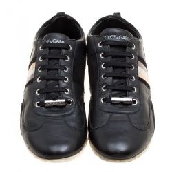 Pre Owned Dolce and Gabbana Black Leather Metallic Stripes Low Top Sneakers Size 43