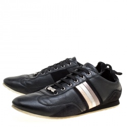 Pre Owned Dolce and Gabbana Black Leather Metallic Stripes Low Top Sneakers Size 43