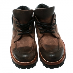 Dolce and Gabbana Brown Textured Suede With Black Leather Lace Up Boots Size 40