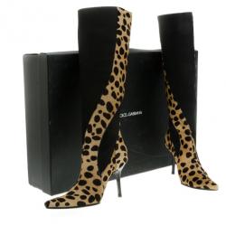 Pre Owned Dolce and Gabbana Pointed Toe Pony Hair Knee Length Boots Size 38