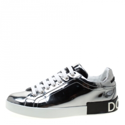Pre Owned Dolce & Gabbana Metallic Silver Mirror Leather Platform Sneakers Size 42.5