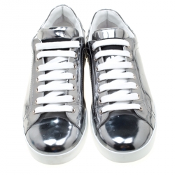 Pre Owned Dolce & Gabbana Metallic Silver Mirror Leather Platform Sneakers Size 42.5