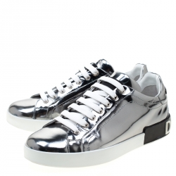Pre Owned Dolce & Gabbana Metallic Silver Mirror Leather Platform Sneakers Size 42.5