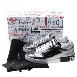 Pre Owned Dolce & Gabbana Metallic Silver Mirror Leather Platform Sneakers Size 42.5