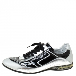 مملوكة مسبقًا Dolce And Gabbana Grey/Black Patent Leather and Fabric Lace Up Low Top Sneakers Size 43