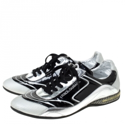 مملوكة مسبقًا Dolce And Gabbana Grey/Black Patent Leather and Fabric Lace Up Low Top Sneakers Size 43