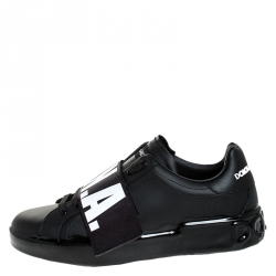 Pre Owned Dolce and Gabbana Black Elastic Logo Leather Melt Portofino Sneakers Size 44