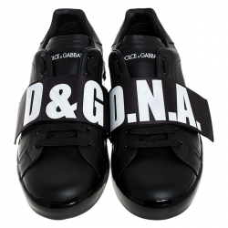 Pre Owned Dolce and Gabbana Black Elastic Logo Leather Melt Portofino Sneakers Size 44