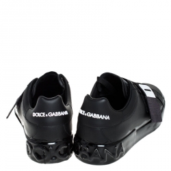 Pre Owned Dolce and Gabbana Black Elastic Logo Leather Melt Portofino Sneakers Size 44