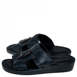 Dolce and Gabbana Navy Blue Leather Buckle Platform Slide Sandals Size 40