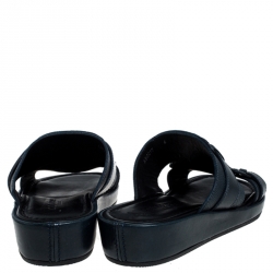 Dolce and Gabbana Navy Blue Leather Buckle Platform Slide Sandals Size 40