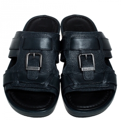 Dolce and Gabbana Navy Blue Leather Buckle Platform Slide Sandals Size 40