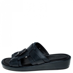 Dolce and Gabbana Navy Blue Leather Buckle Platform Slide Sandals Size 40
