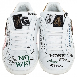 Pre Owned Dolce and Gabbana White Leather Portofino Graffiti Heart Applique Low Top Sneakers Size 41