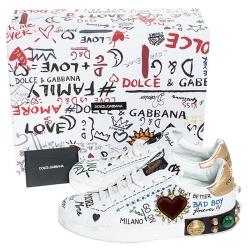 Pre Owned Dolce and Gabbana White Leather Portofino Graffiti Heart Applique Low Top Sneakers Size 41