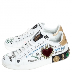 Pre Owned Dolce and Gabbana White Leather Portofino Graffiti Heart Applique Low Top Sneakers Size 41