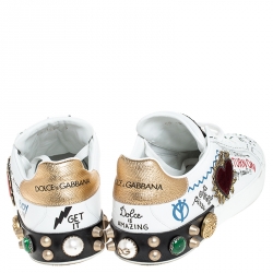 Pre Owned Dolce and Gabbana White Leather Portofino Graffiti Heart Applique Low Top Sneakers Size 41