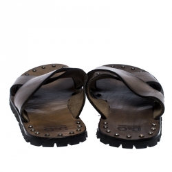 Dolce And Gabbana Grey Leather Studded Cross Strap Slide Sandals Size 45