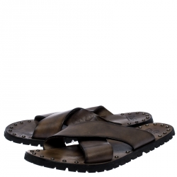 Dolce And Gabbana Grey Leather Studded Cross Strap Slide Sandals Size 45