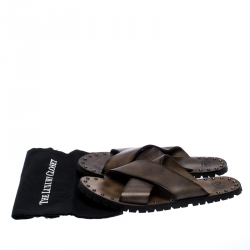 Dolce And Gabbana Grey Leather Studded Cross Strap Slide Sandals Size 45