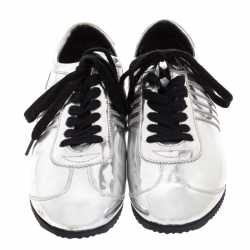 Pre Owned Dolce & Gabbana Silver Metallic Leather Lace Up Sneakers Size 43.5