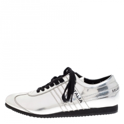 Pre Owned Dolce & Gabbana Silver Metallic Leather Lace Up Sneakers Size 43.5