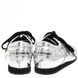 Pre Owned Dolce & Gabbana Silver Metallic Leather Lace Up Sneakers Size 43.5