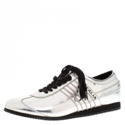 Pre Owned Dolce & Gabbana Silver Metallic Leather Lace Up Sneakers Size 43.5