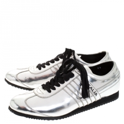 Pre Owned Dolce & Gabbana Silver Metallic Leather Lace Up Sneakers Size 43.5