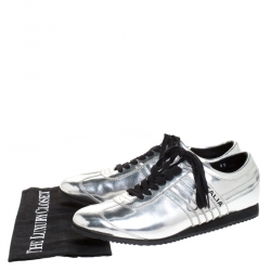 Pre Owned Dolce & Gabbana Silver Metallic Leather Lace Up Sneakers Size 43.5