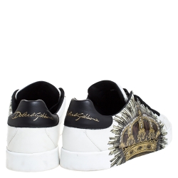 Dolce and Gabbana White/Black Crown Print Leather Portofino Low Top Sneakers Size 41