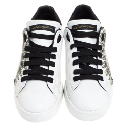 Dolce and Gabbana White/Black Crown Print Leather Portofino Low Top Sneakers Size 41